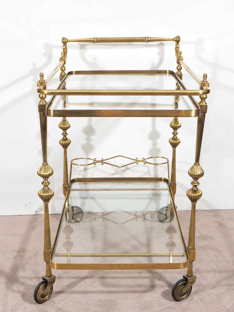 20th Century A Midcentury Hollywood Regency Brass Bar Cart with Wine Holders