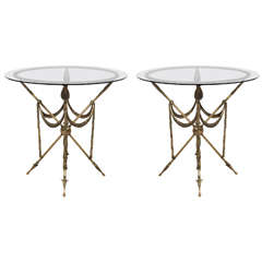 Mid-Century Pair of French Crossed Arrow Brass End or Side Tables