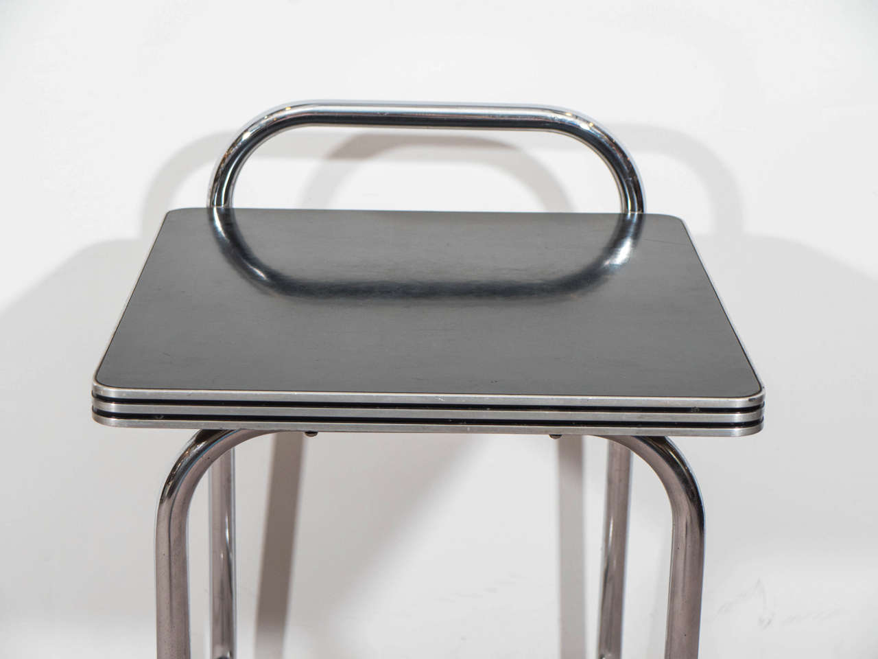 Bauhaus Pair of Marcel Breuer Style Chrome and Black Laminate Side or Tables
