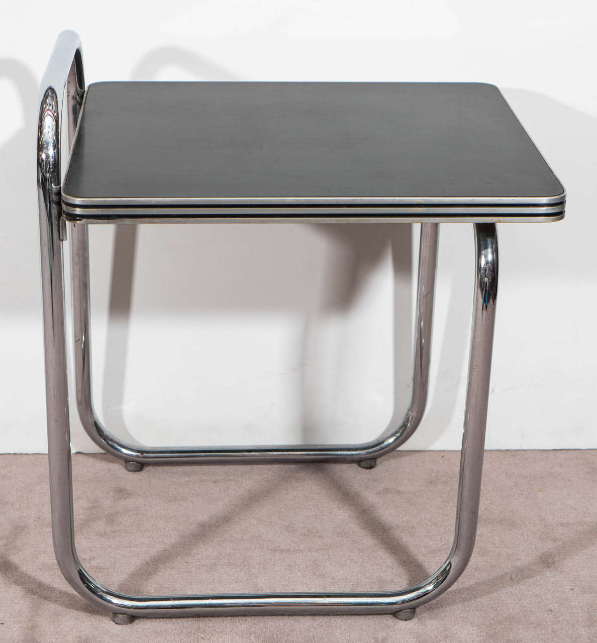 American Pair of Marcel Breuer Style Chrome and Black Laminate Side or Tables