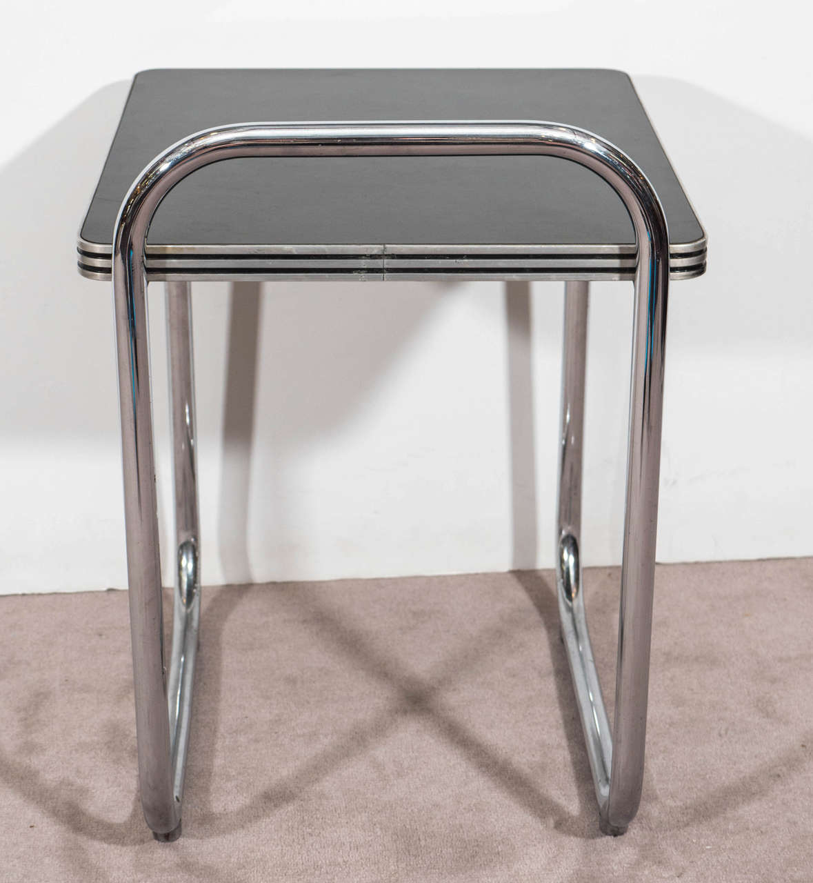 Pair of Marcel Breuer Style Chrome and Black Laminate Side or Tables In Excellent Condition In Mount Penn, PA