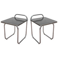 Pair of Marcel Breuer Style Chrome and Black Laminate Side or Tables