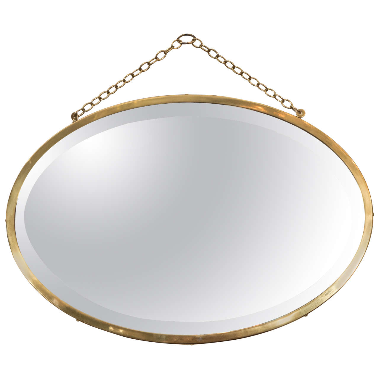 Midcentury Oval Brass Framed Beveled Glass Wall Mirror