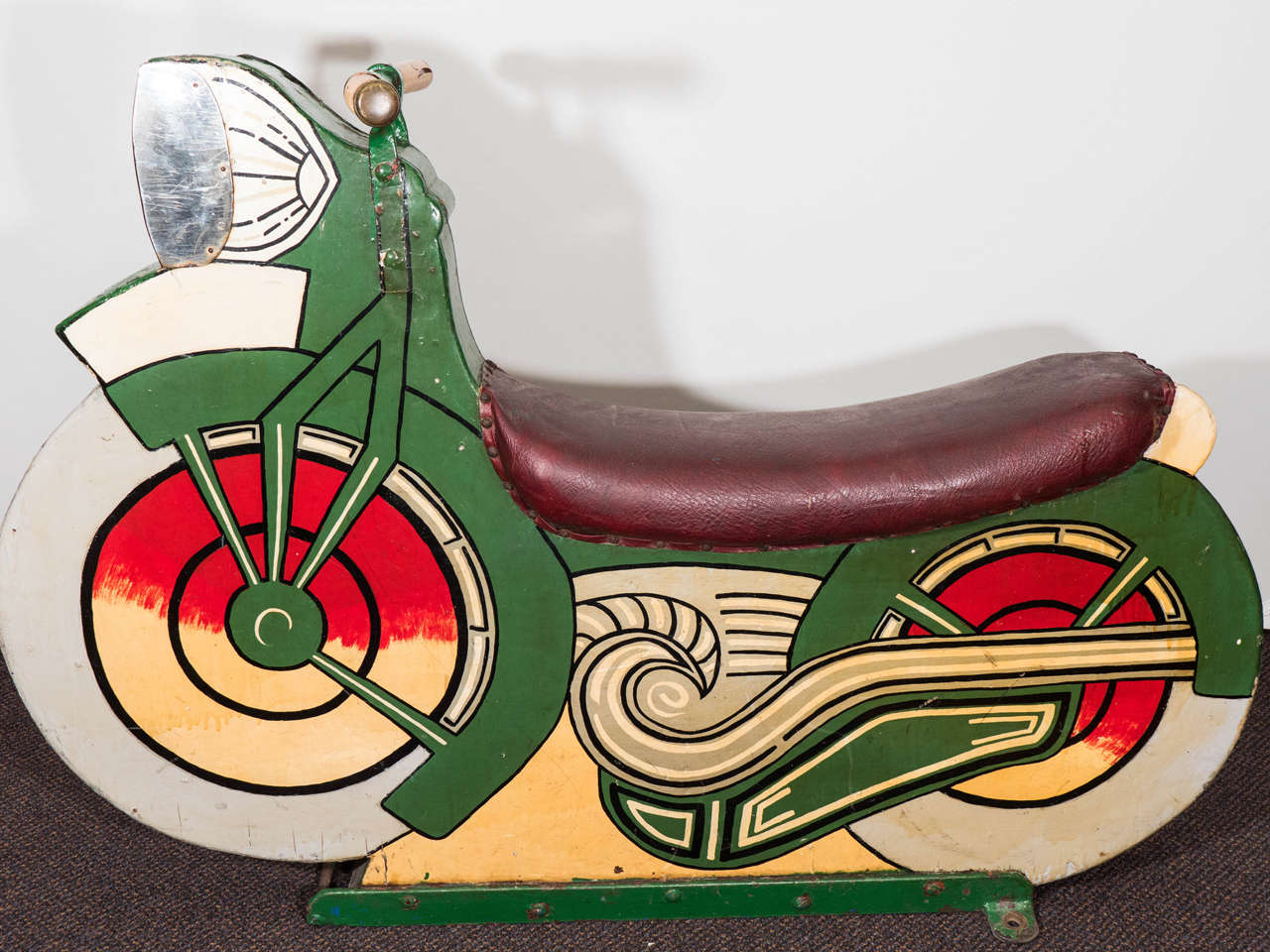 Vintage Colorful Amusement Park Motorcycle in Wood with Leather Seat For Sale 1