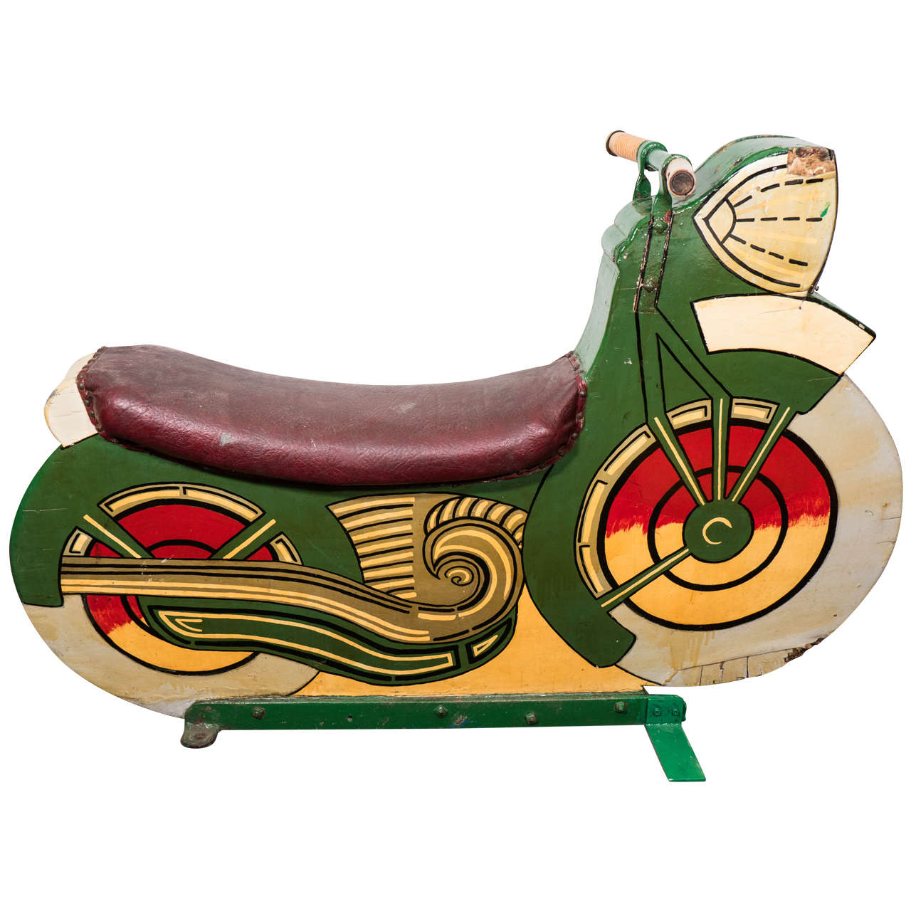 Vintage Colorful Amusement Park Motorcycle in Wood with Leather Seat For Sale