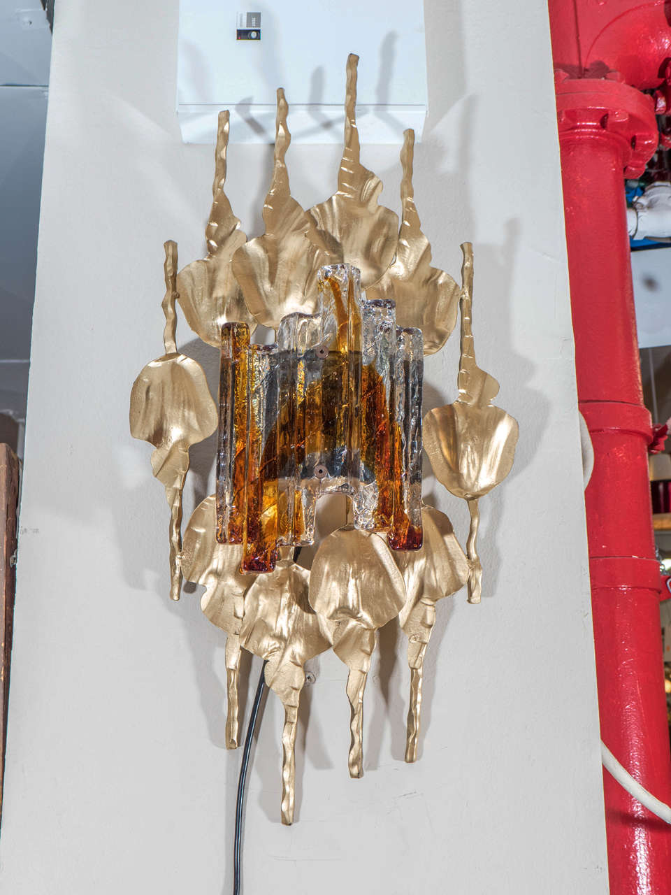 Gorgeous Brutalist Pair of Murano Glass Gilt Metal Wall Sconces