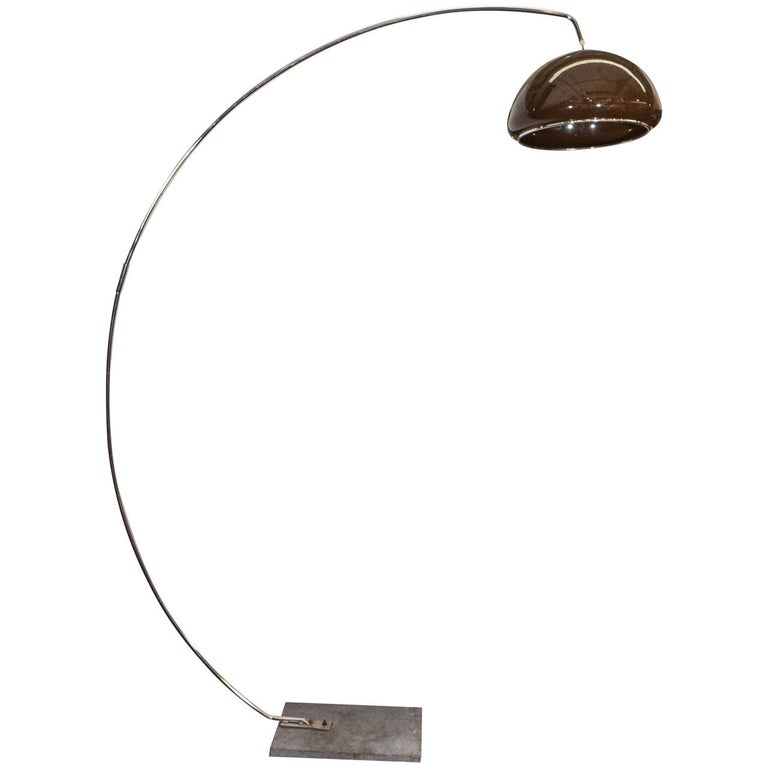 Modern Large Chrome Arching Floor Lamp With Brown Shade For Sale