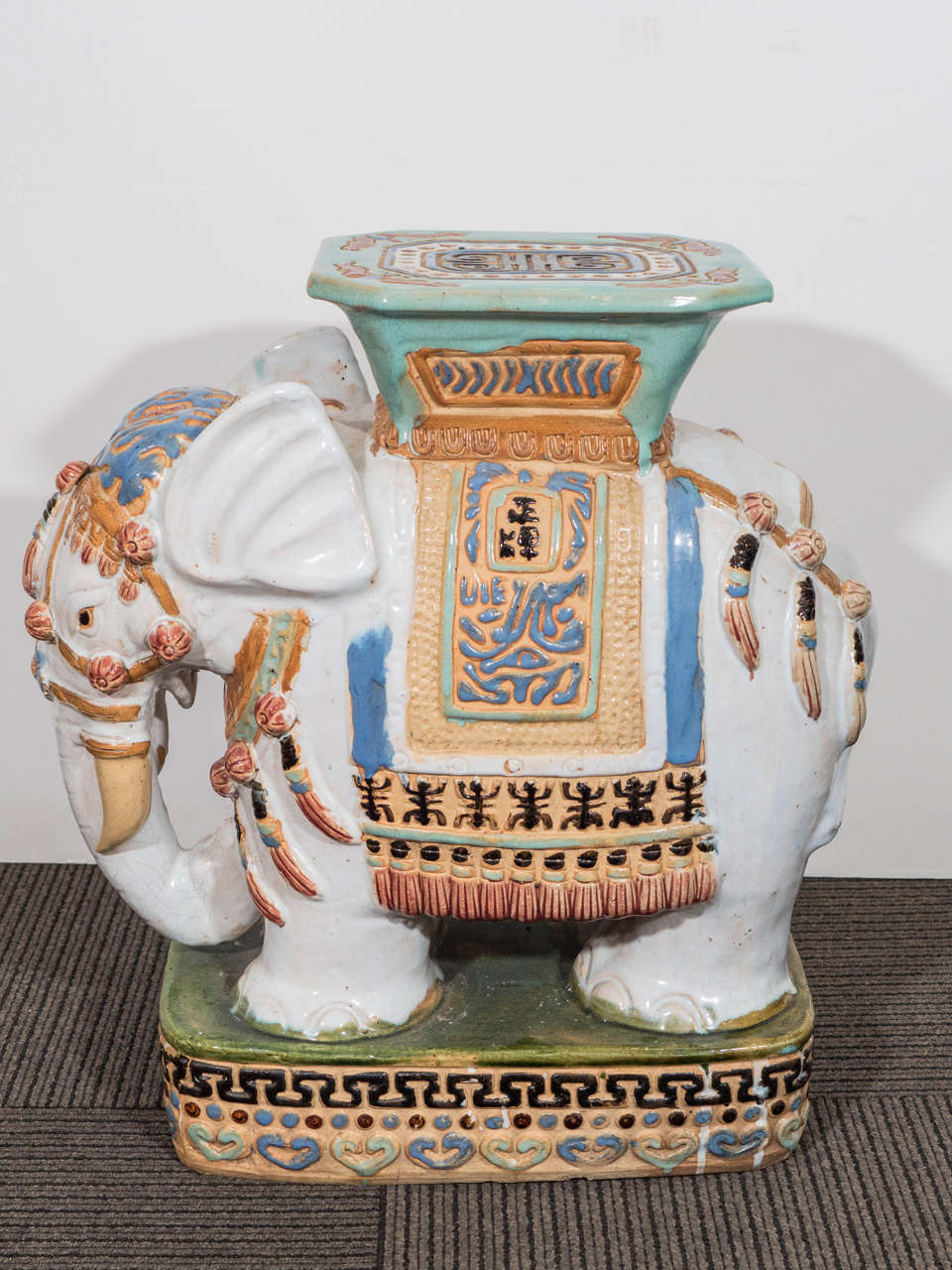 Glazed Mid Century Pair of Decorative Ceramic Elephant Garden Stools