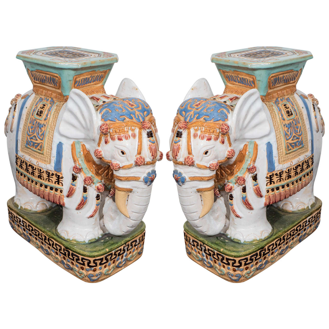 Mid Century Pair of Decorative Ceramic Elephant Garden Stools