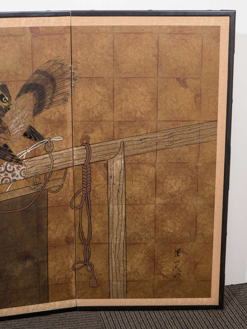 Taisho Early 20th Century Japanese Four-Panel Screen with Falcon Design