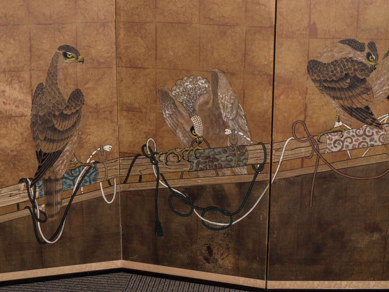 Early 20th Century Japanese Four-Panel Screen with Falcon Design In Good Condition In Astoria, NY