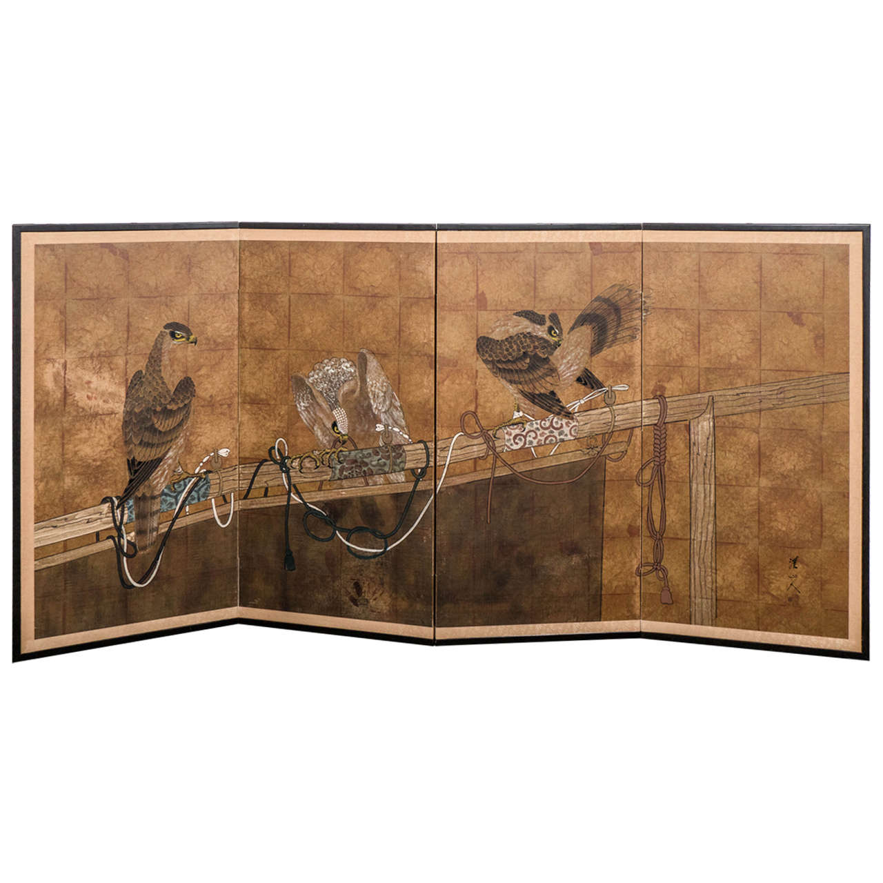 Early 20th Century Japanese Four-Panel Screen with Falcon Design