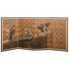 Early 20th Century Japanese Four-Panel Screen with Falcon Design