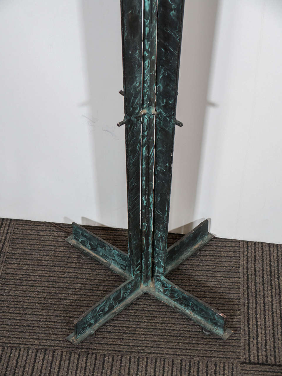 Patinated French Mid-Century Brutalist Bronze Torchiere with Stone Shade