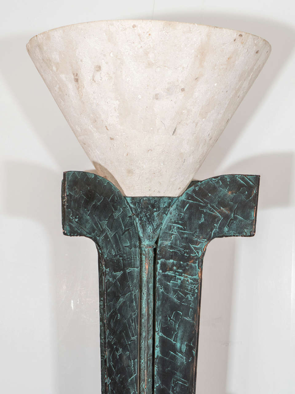 20th Century French Mid-Century Brutalist Bronze Torchiere with Stone Shade