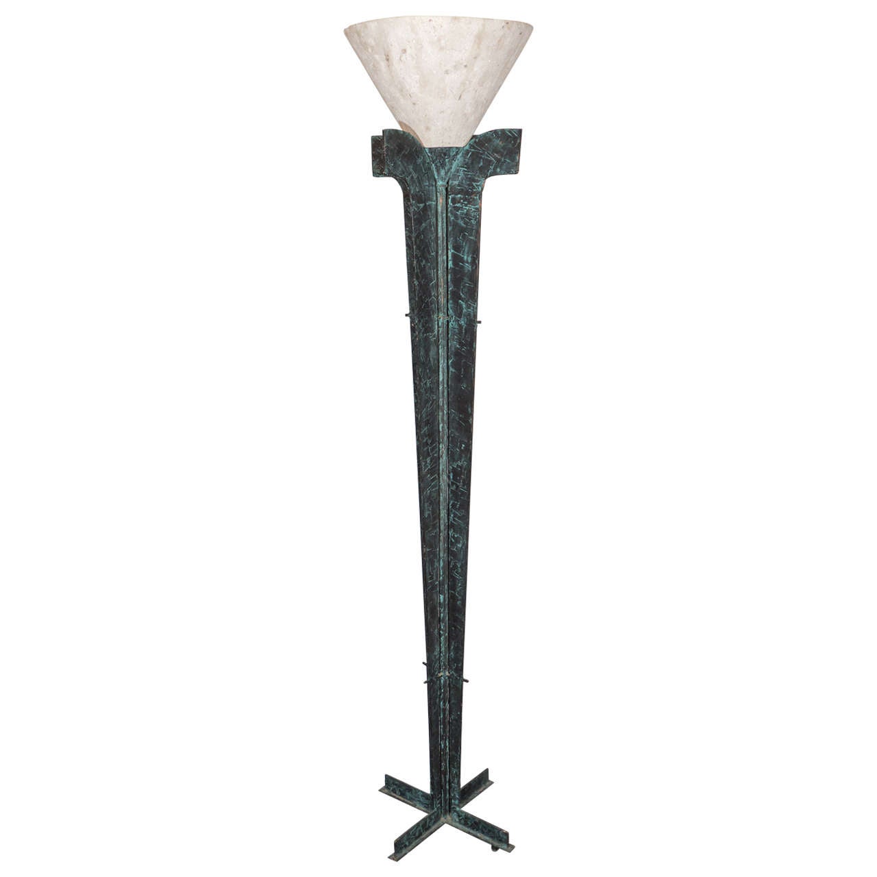 French Mid-Century Brutalist Bronze Torchiere with Stone Shade