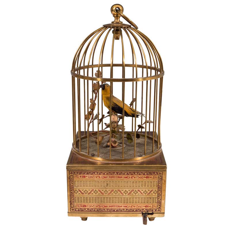Vintage mechanical singing bird automaton, not Molly from Art of Play Vintage mechanical singing bird automaton with a yellow bird inside a brass cage