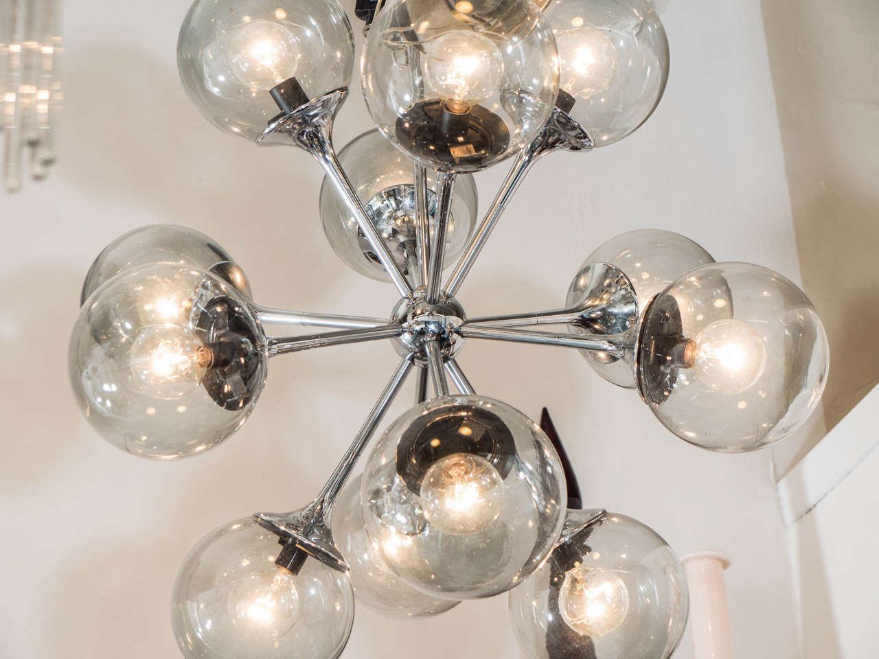 Midcentury Chrome and Smoked Bubble Glass Sputnik Chandelier by