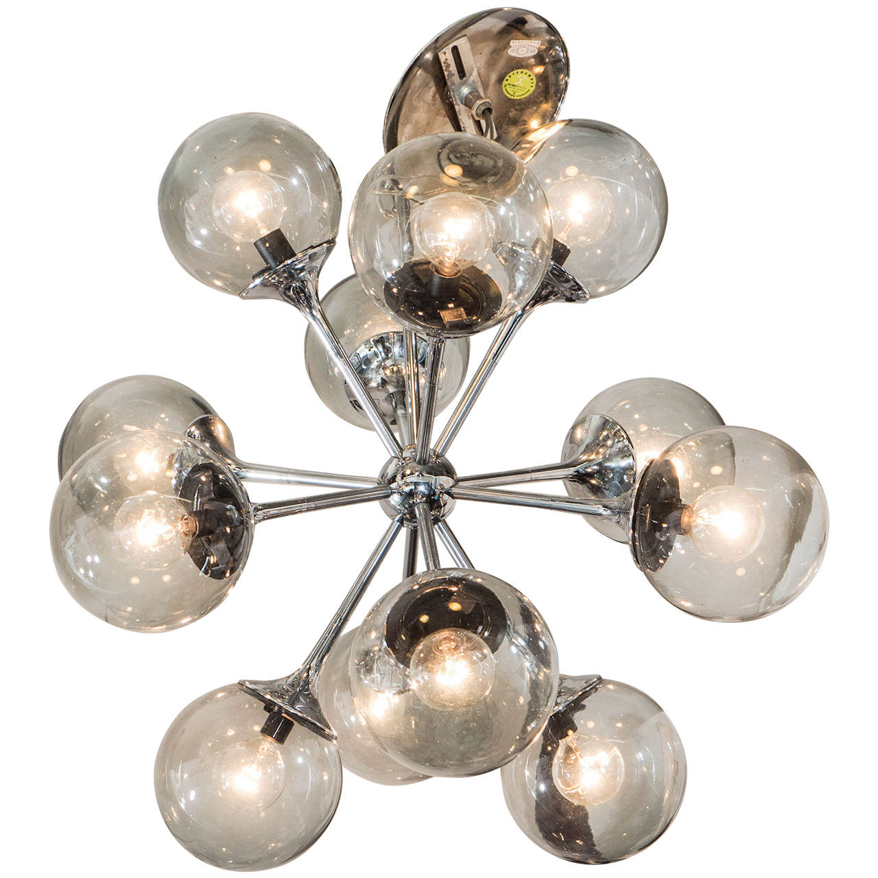 Midcentury Chrome and Smoked Bubble Glass Sputnik Chandelier by