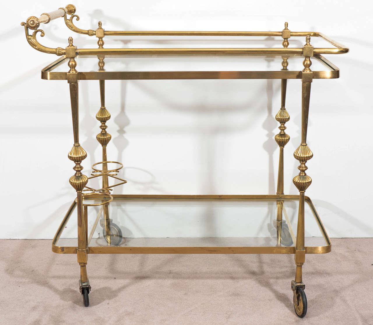 A Midcentury Hollywood Regency Brass Bar Cart with Wine Holders at