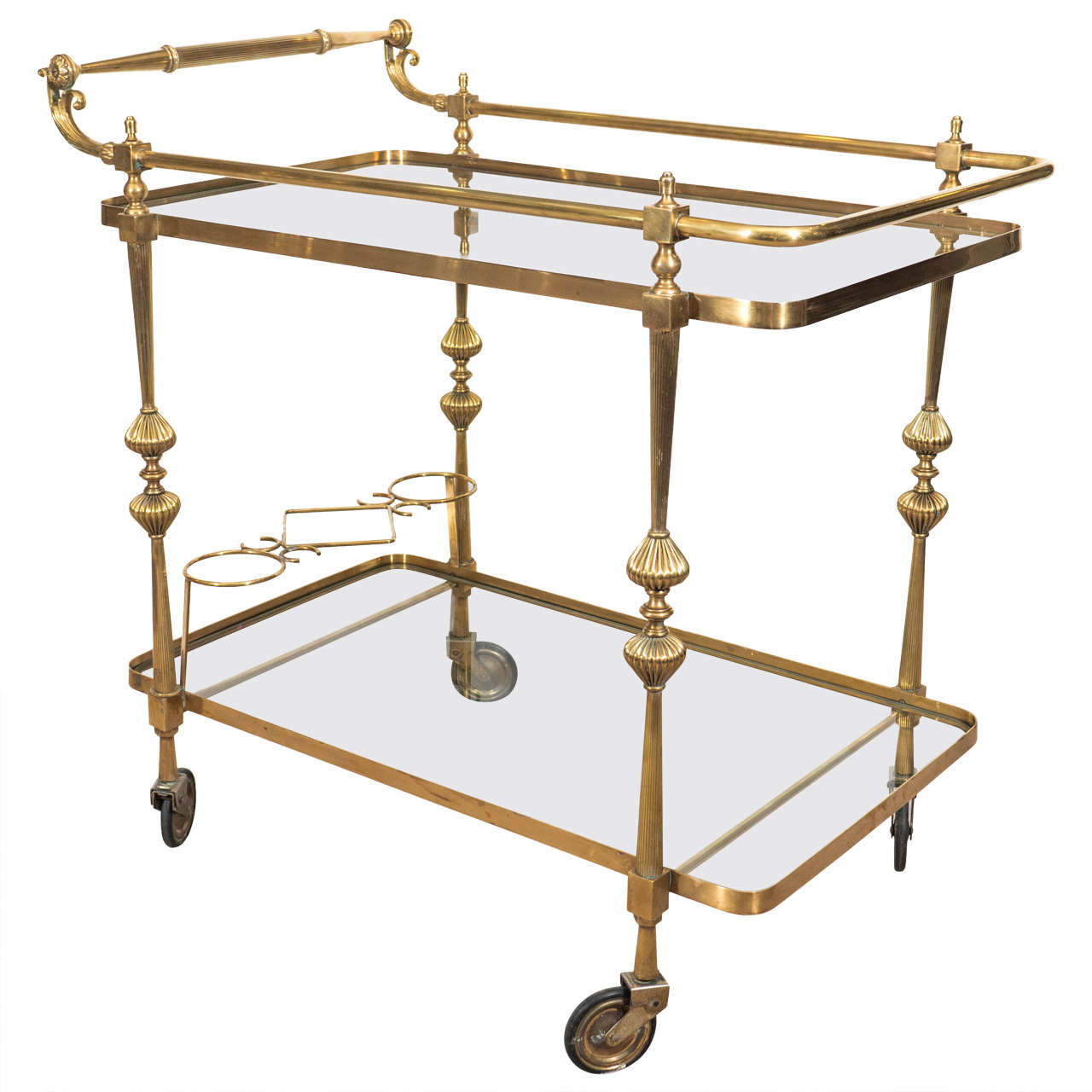 A Midcentury Hollywood Regency Brass Bar Cart with Wine Holders at