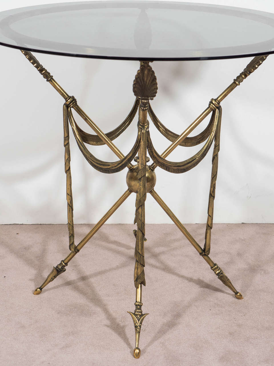 MidCentury Pair of French Crossed Arrow Brass End or Side Tables at