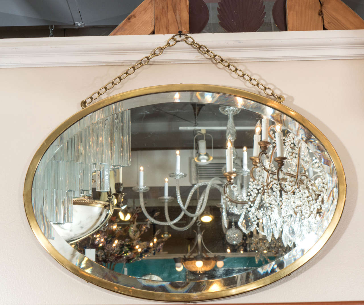 Midcentury Oval Brass Framed Beveled Glass Wall Mirror at 1stDibs