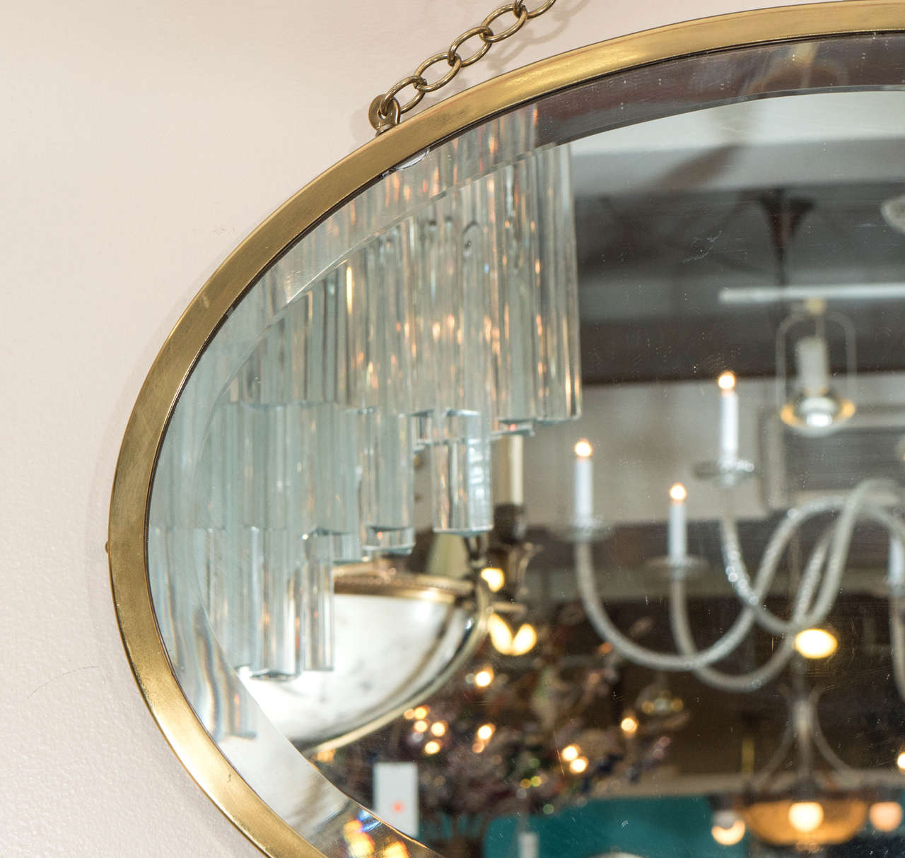 Midcentury Oval Brass Framed Beveled Glass Wall Mirror at 1stDibs