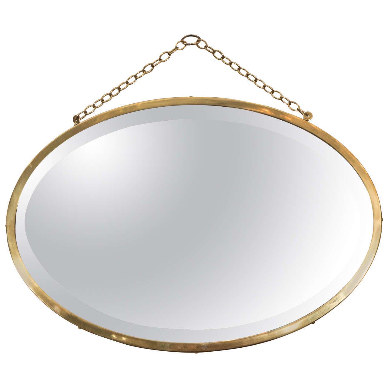 Midcentury Oval Brass Framed Beveled Glass Wall Mirror At 1stdibs