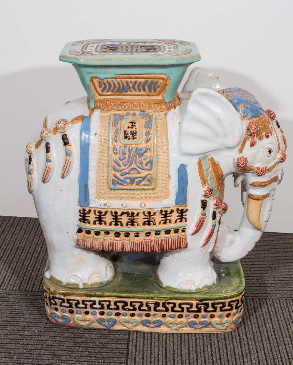 Mid Century Pair of Decorative Ceramic Elephant Garden Stools at