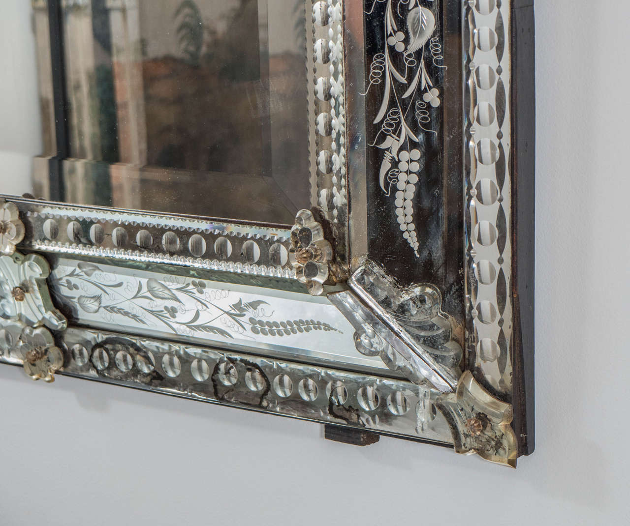 Vintage Beveled Wall Mirror with Reverse Etched Floral Detail