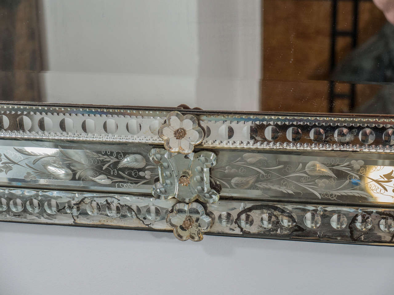 Vintage Beveled Wall Mirror with Reverse Etched Floral Detail