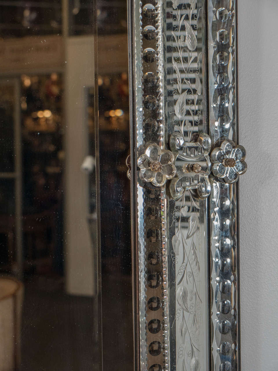 Vintage Beveled Wall Mirror with Reverse Etched Floral Detail