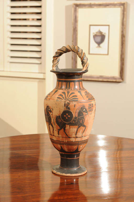Late 19th century hand thrown terracotta Grand Tour pottery vessel decorated with Classical Greek motifs of figures, music, cats, warriors on horseback, with shades of terracotta and charcoal gray, circa 1880.