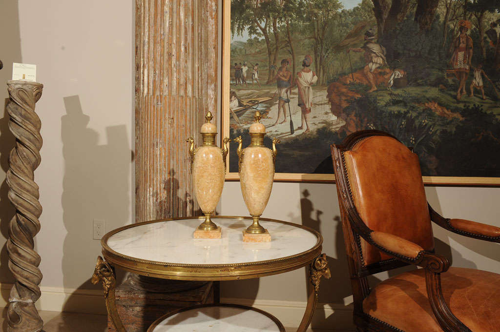 Pair of Ecru Travertine Crystalized Marble Garniture Vases In Good Condition In Larkspur, CA