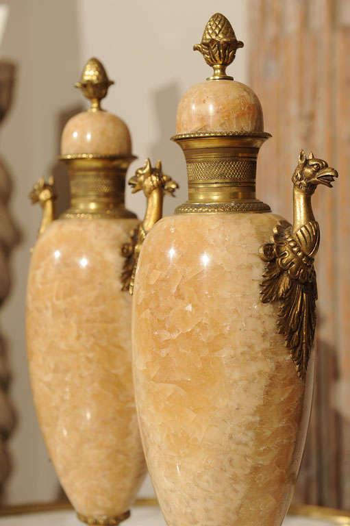 Pair of Ecru Travertine Crystalized Marble Garniture Vases 1