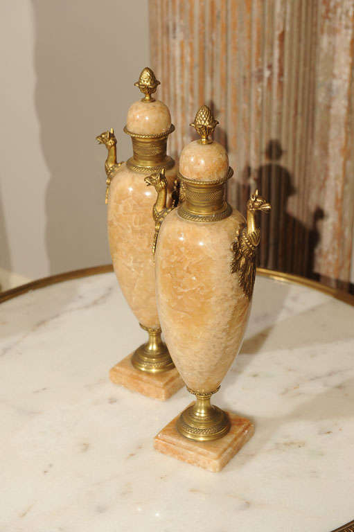 Pair of Ecru Travertine Crystalized Marble Garniture Vases 3