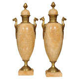 Pair of Ecru Travertine Crystalized Marble Garniture Vases