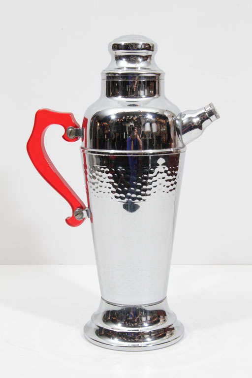 Vintage Art Deco Chrome Cocktail Shaker with Red Bakelite Handle