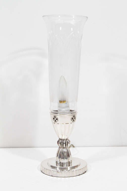 Pair Of Art Deco Nickel Silver Lamps With Hurricane Shade