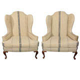 pair wingback chairs in blue and white grainsack