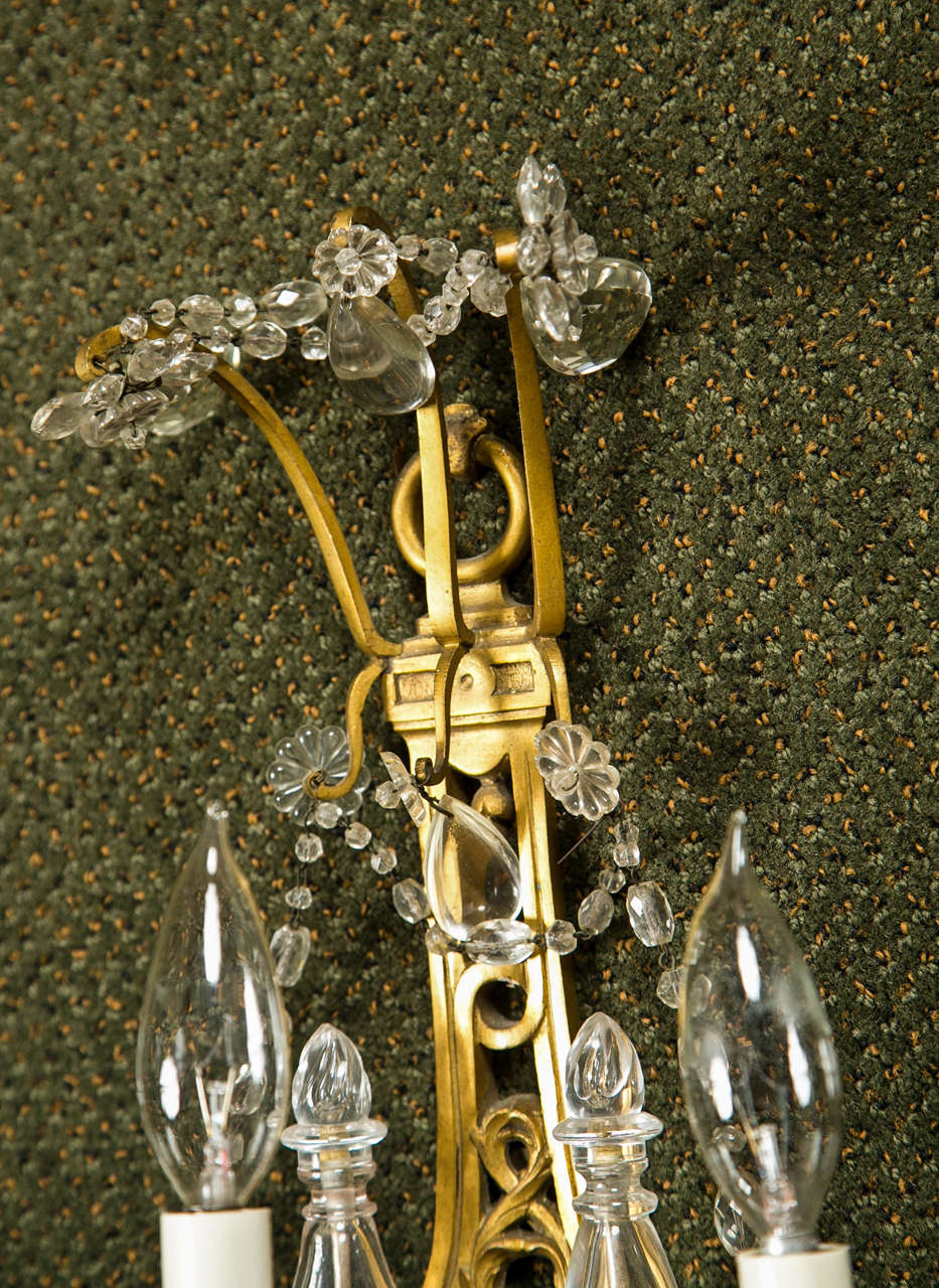 Crystal Pair of Bronze Dore Sconces