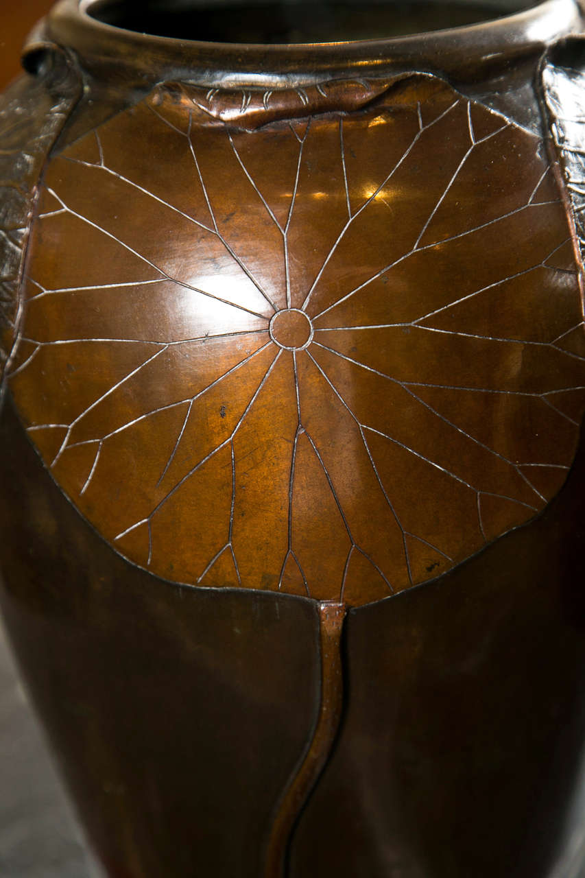 Meiji A Japanese Bronze Vase With Applied Lotus Leaf Design For Sale