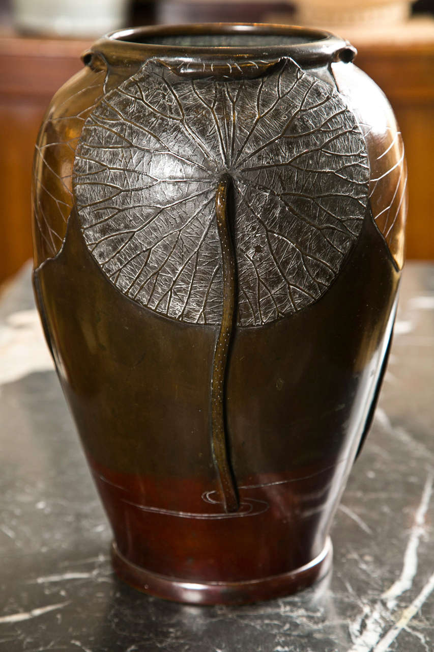 A Japanese Bronze Vase With Applied Lotus Leaf Design For Sale 1