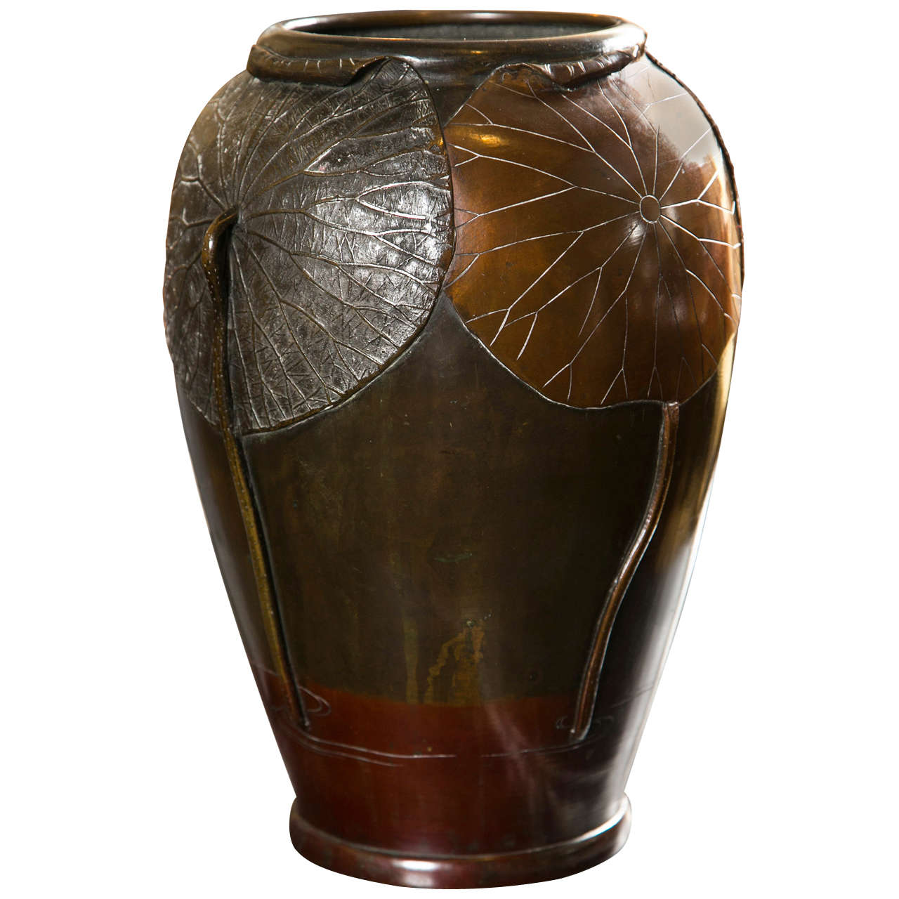 A Japanese Bronze Vase With Applied Lotus Leafs