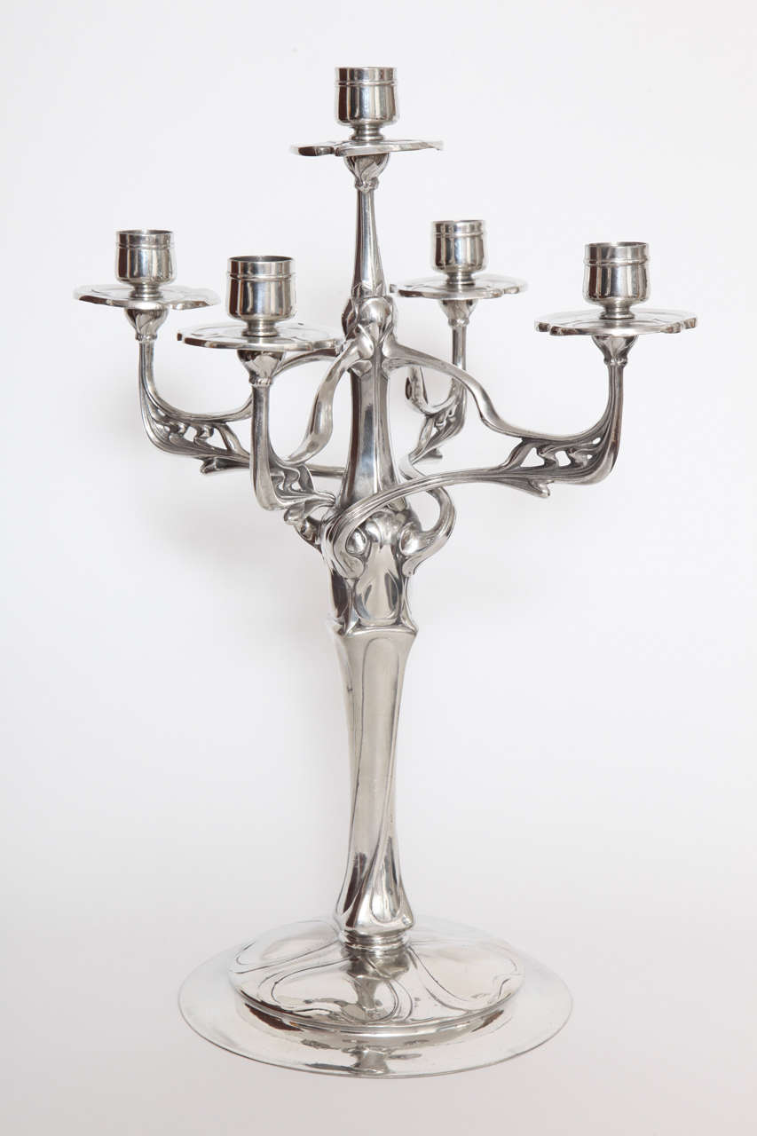 A Friedrich Adler Five Arm Pewter Candelabra, 