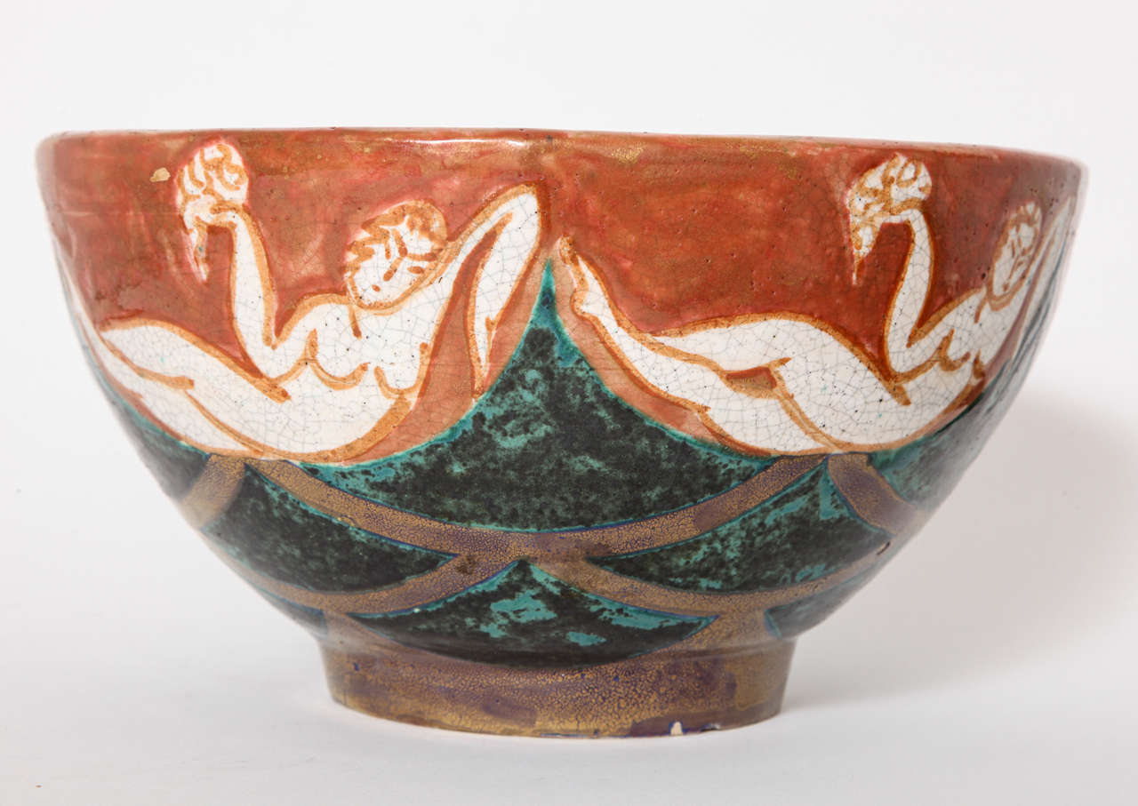 20th Century Edouard Cazaux French Art Deco Ceramic Centerpiece Bowl 1925