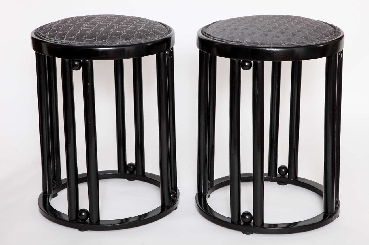 A PAIR OF FLEDERMAUS BENTWOOD STOOLS, designed by 
Josef Hoffmann, for the Austrian Firm, Jacob and Josef Kohn, 1906. Recently reupholostered with Backhausen Fabric.