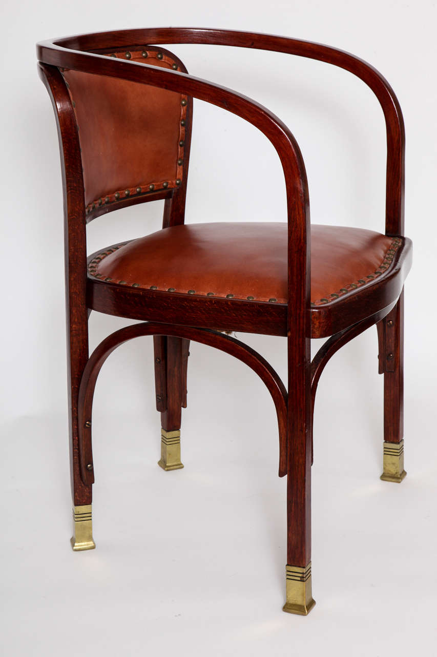 Vienna Secessionist  Bentwood, Leather and Brass Armchair designed by Gustav Siegel, 1899 for Jacob and Josef Kohn,
Model no. 715, Austria. The chair was exhibited in the Paris 1900
Worlds Fair and was awarded  a Gold Medal.