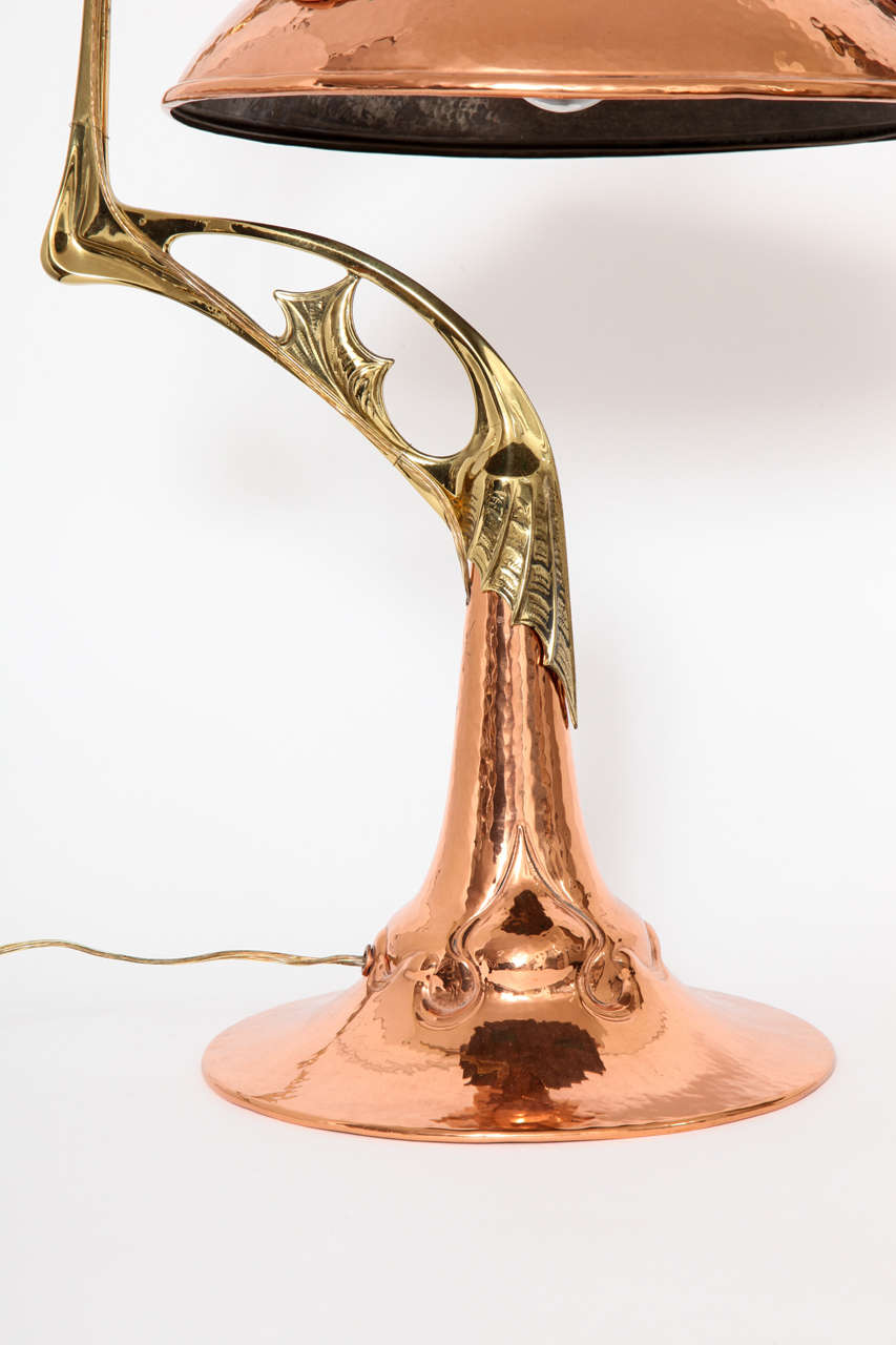 Art Nouveau Hand Hammered Copper, Brass and Glass Dragon Lamp In Excellent Condition In New York, NY